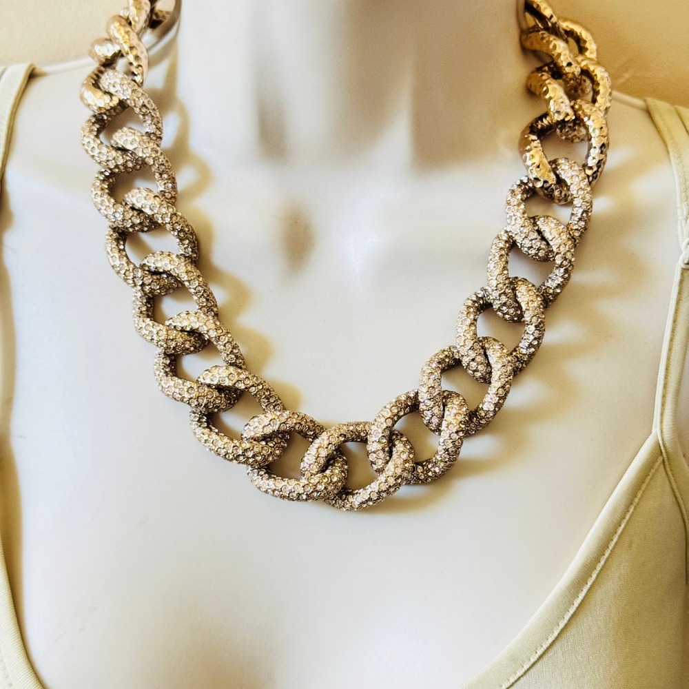 St. John Crystal Pave Necklace Curved Link Chain Chunky Statement Necklace $545